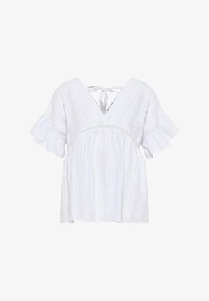 Blouse blanche à manches courtes avec manches à volants, col en V, taille froncée et détail noué dans le dos, en tissu léger texturé.