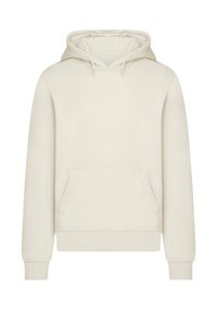 Cream-colored hoodie made of soft material, featuring a front pocket, drawstring hood, and ribbed cuffs and hem. Simple, unembellished design.