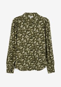 Blusa a maniche lunghe verde oliva con stampa floreale bianca, abbottonatura frontale, spalle arricciate e colletto classico.