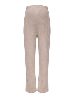 Bež hlače iz rebrastega pletenja z elastičnim pasom in ravnim krojem hlačnic, prikazane na belem ozadju.