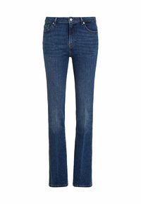 Jeans de denim en azul oscuro con corte recto, que presentan un cierre de botón, cinco bolsillos y un ligero desgaste en la tela.