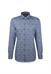 Camicia a maniche lunghe con bottoni, caratterizzata da un intricato motivo floreale paisley blu e bianco e colletto a punta.