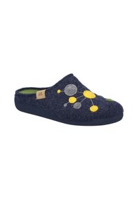 Pantofola di feltro blu navy con soletta verde. Presenta applicazioni in feltro gialle, grigie e verdi, con forma curvata e design aperto sul retro.