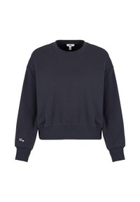 Dark navy cropped sweatshirt with long sleeves, ribbed cuffs and hem, and a small white "M" with heart detail on the left sleeve cuff.
