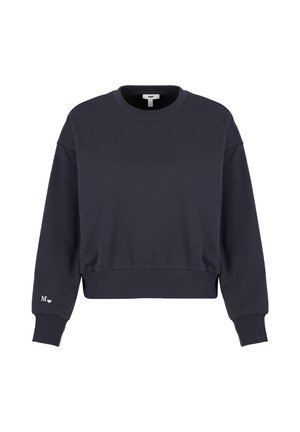 Navy blue cropped sweatshirt made of soft fabric, featuring a round neck, long sleeves, and a small logo detail on the cuff.