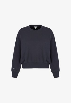 Navy blue cropped sweatshirt made of soft fabric, featuring a round neck, long sleeves, and a small logo detail on the cuff.
