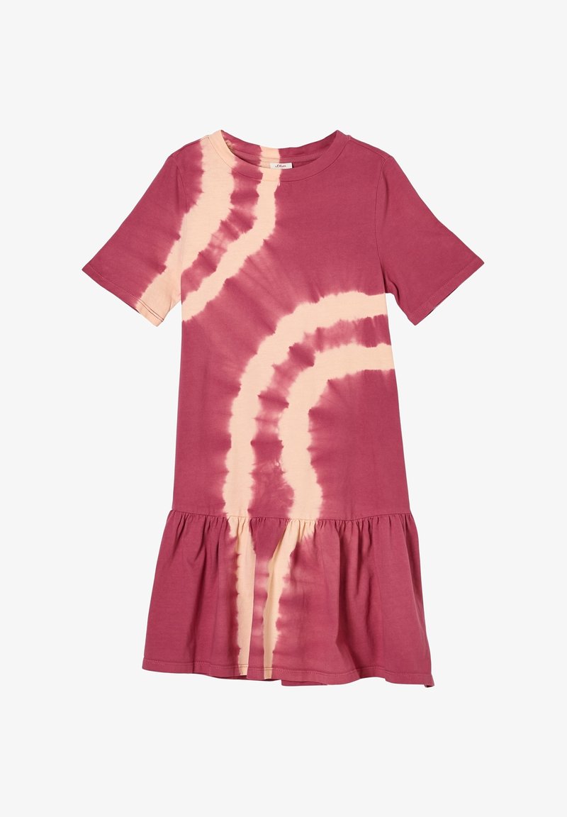 Robe à manches courtes tie-dye rose et beige avec un ourlet froncé et un col rond.
