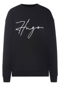 Schwarzer Sweatshirt mit langen Ärmeln und rundem Halsausschnitt. Mit dem weißen, gestickten "Hugo"-Logo über der Brust. Glatte Textur, lässige Passform.