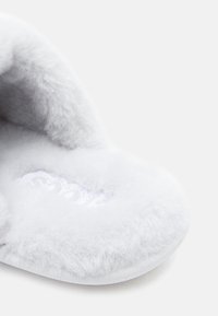 Harmaa karvainen tossu, jossa on pehmeä, teksturoitu päällinen. Tossussa on valkoinen logo ja pyöreä, litteä pohja. Materiaali näyttää olevan ylellinen ja mukava.