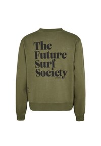 Sweat-shirt vert olive avec texte noir « The Future Surf Society » imprimé dans le dos, manches longues, poignets et ourlet côtelés.