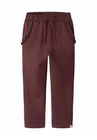 Burgundi värvi elastsed püksid, millel on volangiga küljetaskud. Sile tekstuur, kitsenev jalgade disain ja väike logotag, mis asub alumisel küljel.