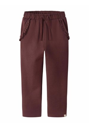 Bordo hlače z elastičnim pasom in nabrano stransko žepno obliko. Gladka tekstura, zožan kroj nogavice ter majhna oznaka na spodnjem delu.