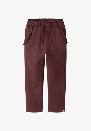 Bordowe spodnie na elastycznej talii z falbaniastymi kieszeniami po bokach. Gładka tekstura, zwężany krój nogawek oraz mała metka z logo na dolnej części.