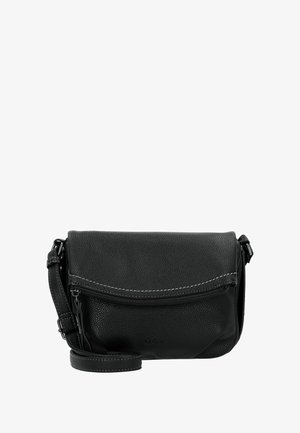 Sac crossbody en cuir noir avec une finition texturée, fermeture à rabat, poche zippée à l'avant et bandoulière réglable. Présente des accents de couture blanche.