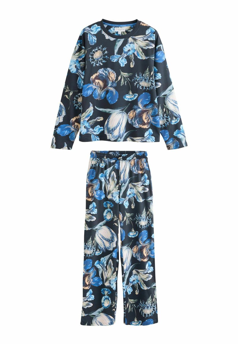 Gėlių naktiniai marškiniai su ilgomis rankovėmis ir kelnėmis. Tamsus fonas su mėlynais ir smėlio spalvos gėlių raštais. Minkšta, lengva medžiaga.
