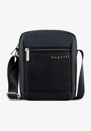 Borsa a tracolla nera realizzata in tessuto resistente, con una tasca frontale con zip, parti in metallo argentato e tracolla regolabile. Logo visibile in modo prominente.