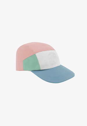 Colorful cap featuring pink, white, mint, and blue panels; made from fabric with a structured crown; includes a curved visor and stitched accents.