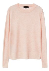 Hellrosa, langärmliger Pullover mit Rundhalsausschnitt. Weiche Textur, gerader Schnitt und seitliche Schlitze am Saum. Minimalistisches Design.