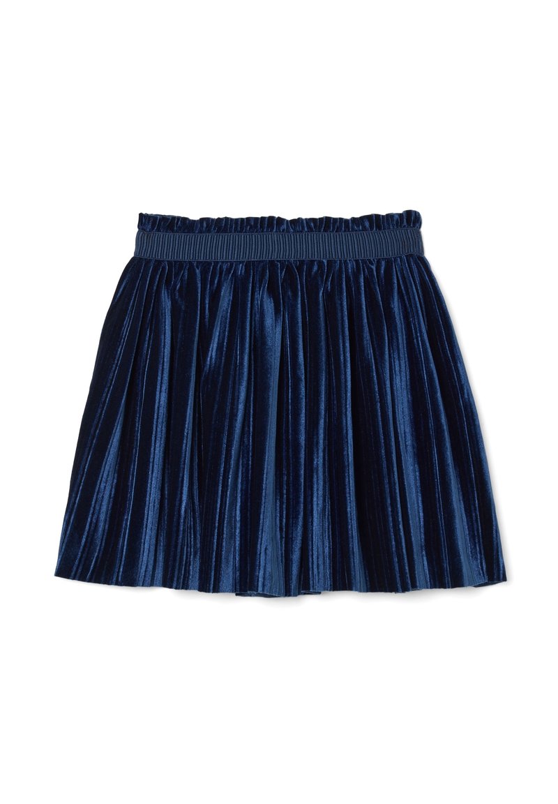 Gonna in velluto plissettata blu navy con cintura elastica, leggermente arricciata nella parte superiore, esposta su uno sfondo bianco.