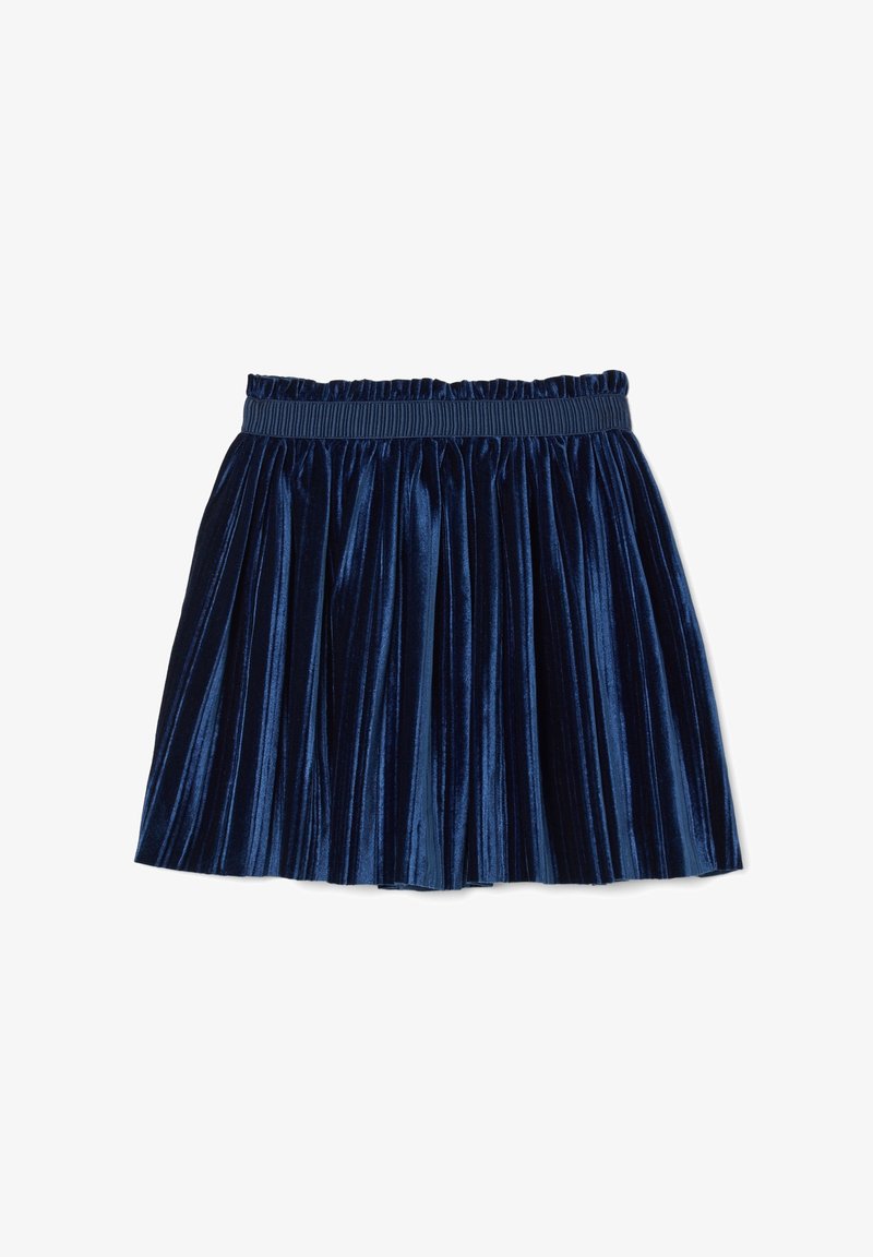 Gonna in velluto plissettata blu navy con cintura elastica, leggermente arricciata nella parte superiore, esposta su uno sfondo bianco.