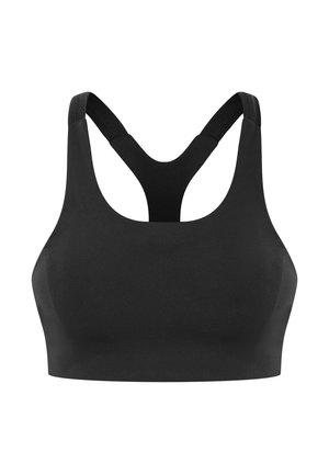 Brassière de sport noire sans coutures avec larges bretelles élastiques et dos nageur pour un bon maintien et un confort optimal.