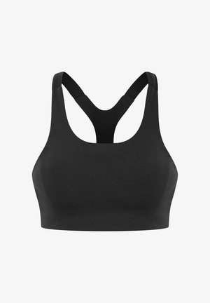 Sujetador deportivo negro sin costuras con tirantes anchos elásticos y diseño de espalda racer para soporte y comodidad.