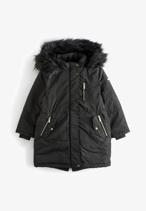 Sort quiltet parka-jakke med hætte foret med pels, guld lynlåse detaljer og to sidelommer. Har en løs pasform og ribbet ærmekanter.
