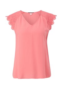Blouse rose avec un col en V, des manches courtes à dentelle et une coupe décontractée. Texture lisse avec un tissu respirant.
