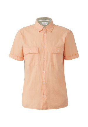 Chemise à manches courtes, boutonnée, en tissu pêche clair, dotée de deux poches poitrine et d'un col classique. Texture douce avec une coupe décontractée.