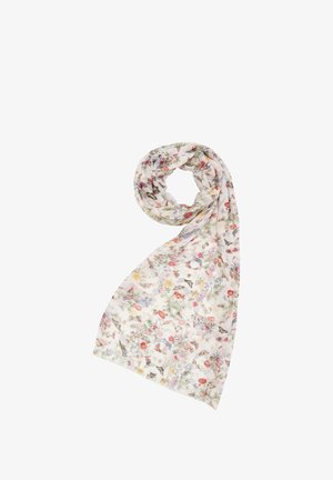 Leichte, transparente scarf mit floralem Muster in sanften Pastellfarben, überwiegend auf weißem Hintergrund, mit filigranen Details von Schmetterlingen und Vögeln.
