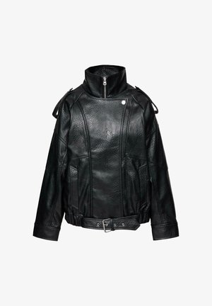 Veste en cuir noir avec fermeture éclair à col montant, pattes d'épaule, poches avant et ceinture de taille ajustable avec boucle en métal.