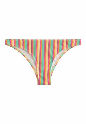Bikinihose mit niedriger Taille und vertikalen Streifen in Pink, Gelb, Grün und Orange auf geripptem Stoff.