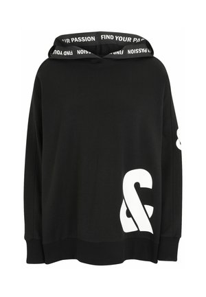 Schwarzer Kapuzenpullover mit großem weißen Ampersand-Symbol an der unteren Vorderseite und dem Ärmel, sowie dem Text "FIND YOUR PASSION" im Innenfutter der Kapuze.