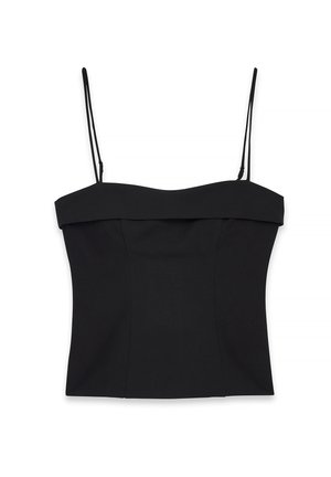 Top corto nero con spalline sottili regolabili, caratterizzato da una texture liscia e un design aderente che mette in risalto la vita.