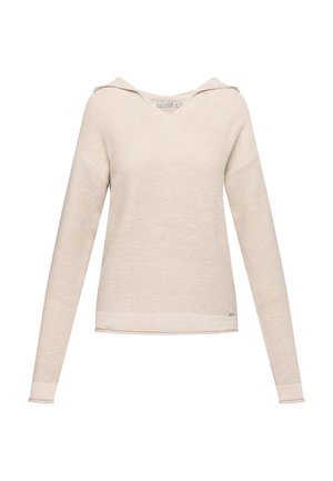 Beige lichte hoodie met een V-hals en ribbeltextuur. Heeft lange mouwen en een casual pasvorm. Subtiele branding aan de zoom.