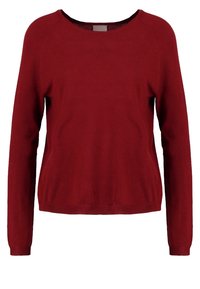 Pull rouge à manches longues avec col rond, poignets et ourlet côtelés, tissu en maille unie, adapté pour une tenue décontractée.