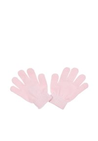 Guanti rosa lavorati a maglia realizzati in tessuto morbido, con polsini a coste e progettati per coprire completamente la mano con sezioni separate per le dita.