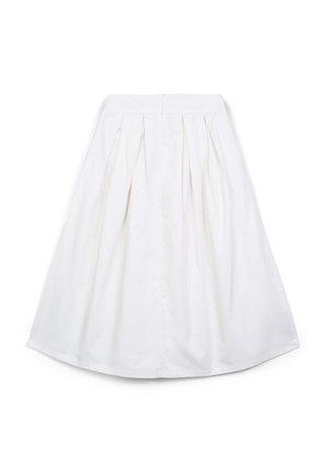 Gonna bianca plissettata con una texture liscia, vita alta e chiusura con zip laterale, progettata per una silhouette fluida.