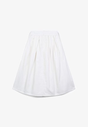 Weißer plissierter Rock mit glatter Textur, hohem Taillenbund und seitlichem Reißverschluss, entworfen für eine fließende Silhouette.