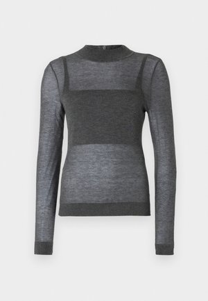 Szürke, hosszú ujjú felső, könnyű anyagból készült, bordázott kerek nyakkal és félig átlátszó csíkos mintával a törzsön.