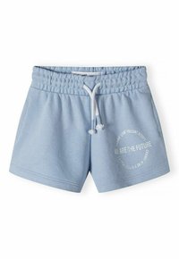 Shorts bleu clair en coton doux. Dotés d'une taille élastique avec un cordon de serrage et d'un graphique circulaire imprimé sur le devant.