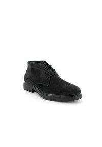 Stivaletti neri in suede alla caviglia con punta arrotondata, design con lacci e parte superiore testurizzata. Presenta una resistente suola in gomma nera e cuciture sottili.