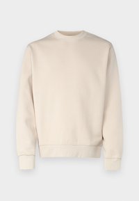 Felpa beige realizzata in tessuto morbido, con scollatura a girocollo, maniche lunghe con polsini a coste e orlo a coste, con una texture liscia complessiva.