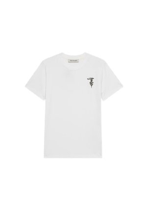 T-shirt bianco in cotone con un design del logo nero sul lato sinistro del petto. Collo a giroclassico e maniche corte. Tessuto liscio.
