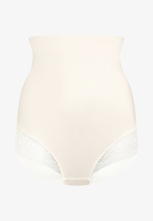 Höhere formende Unterhose aus nude-farbener Stoff, mit transparenten Spitzenakzenten an den Seiten und gewelltem Rand, insgesamt glatte Textur.