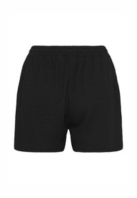 Shorts noirs en tissu texturé, dotés d'une taille élastique et de poches latérales. Design simple avec une coupe décontractée.