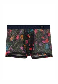 Boxers im Blumenmuster mit einem marineblauen Bund, aus atmungsaktivem Material, in lebendigen Farben und mit figurnaher Passform.