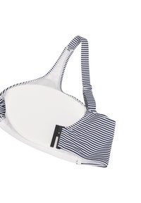 Bikini zgornji del s črtastim vzorcem in odstranljivim oblazinjenjem; vključuje nastavljive naramnice, belo podlogo in varno črno zaponko na strani.