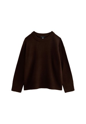 Maglione marrone lavorato a maglia con collo rotondo, maniche lunghe e polsini e orlo a coste. Texture morbida e design sfumato.