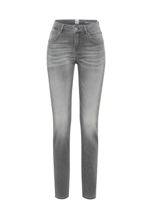 Graue Skinny-Jeans aus Denim mit hoher Taille, ausgestattet mit einem Knopfverschluss, Vordertaschen und einem ausgewaschenen Look für ein getragenes Erscheinungsbild.